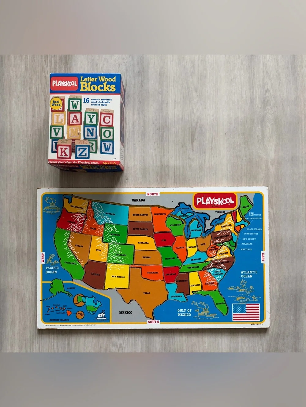Vintage 80s Playskool US Puzzle And 16 Letter Wood Blocks